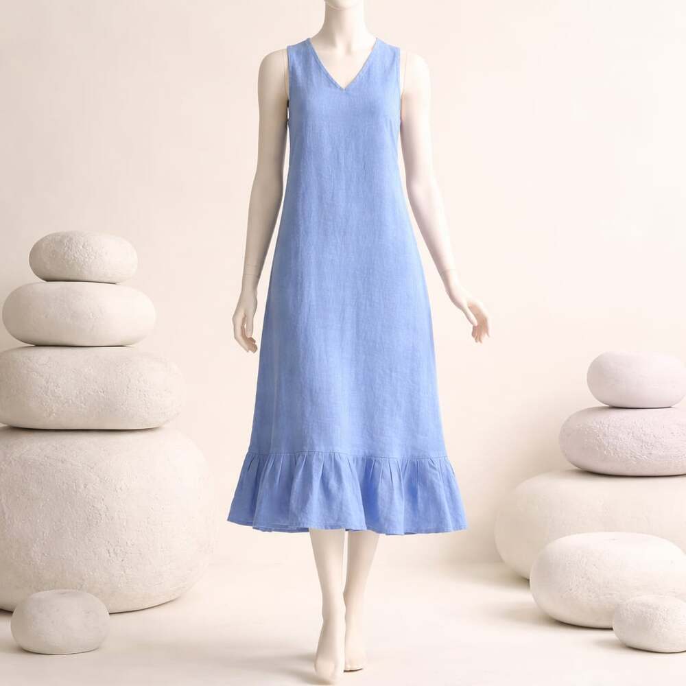 Francesca Bettini Blue 100% Linen Sleeveless V-Neck Ruffle Hem Dress Size L